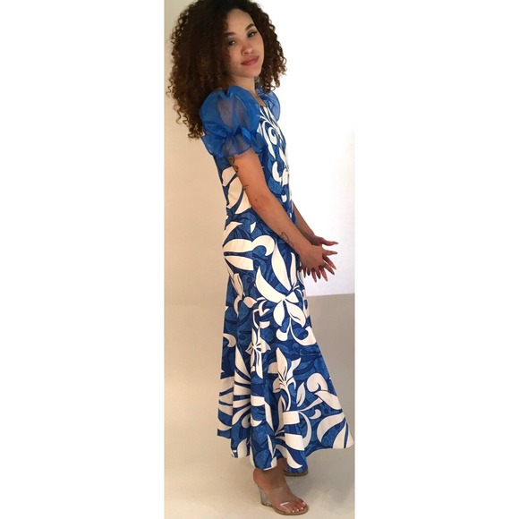 Vintage Dress Women's Medium Blue & White Tropical Floral Cotton Peplum Dress - Picture 5 of 5